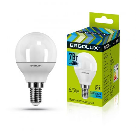Лампа светодиодная LED ERGOLUX Шар G45 7W-E14-4K, 4500К,холодный свет