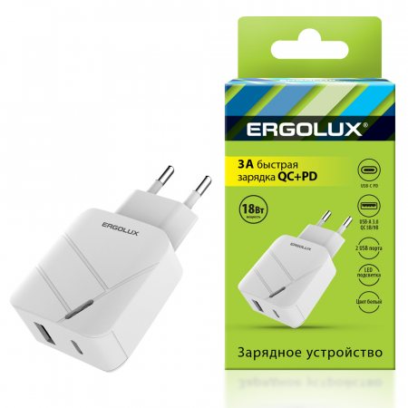 Адаптер сетевой ERGOLUX ELX-PA01QC-C01 1USB+1TypeС, 100-220В, 5-9V/3A, белый