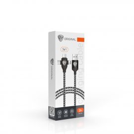 Кабель для зарядки телефонов BABA-YAGA 3в1 IP/Micro USB/Tupe -С 1м 2А,ткан.оплетка черн