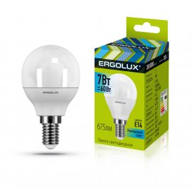 Лампа светодиодная LED ERGOLUX Шар G45 7W-E14-4K, 4500К,холодный свет