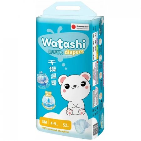 Подгузники WATASHI 4-9кг 52шт 3M, jambo-pack