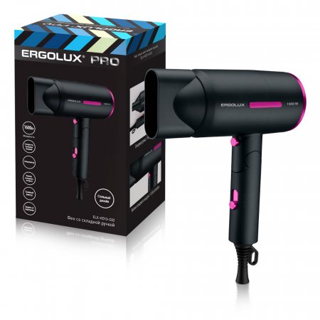 Фен ERGOLUX электр. 1600Вт ELX-HD13-C02 Черный/розовый,склад.ручка,2 скор,3 режима нагр