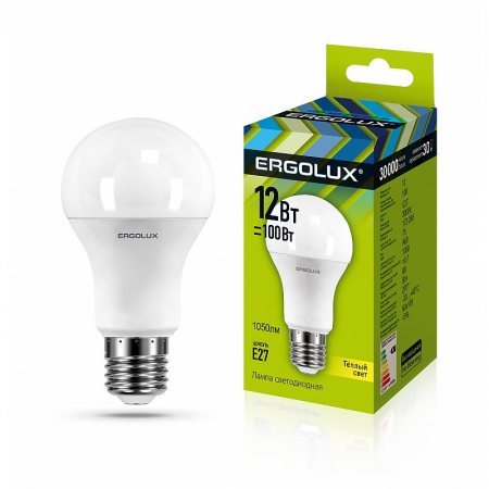 Лампа светодиодная LED ERGOLUX Лон А60 12W-Е27-3К, 3000К, теплый свет, шар