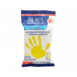 Салфетки влажные AURA Derma Protect 15шт Антибактериальные Лимон б/триклозана