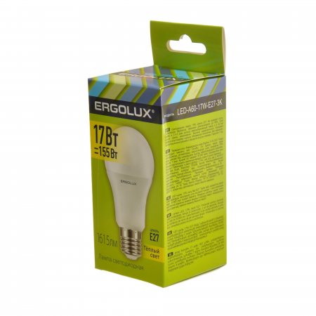 Лампа светодиодная LED ERGOLUX Лон А60 17W-Е27-3К, 3000К, 180-240В, теплый свет
