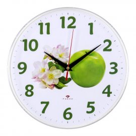 Часы РУБИН настенные круг D-25см основание белое, Зеленое яблоко