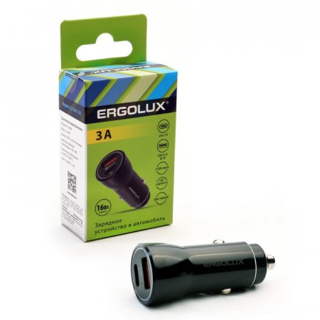 Адаптер автомобильный ERGOLUX ELX-CA01-C02 1USB+1TYRE C, 12В, 5V/3A LED, черный