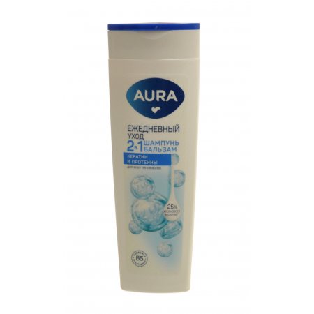 Шампунь-бальзам для волос AURA 2в1 для всех типов Ежедневный уход кератин и протеины,25% хлопкового молочка 380мл