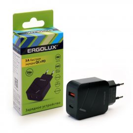 Адаптер сетевой ERGOLUX ELX-PA01QC-C02 1USB+1Type C, 100-220B, 5-9V/3A, QC, черный