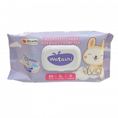 Салфетки влажные для детей WATASHI 64шт Гипоаллергенные 0+ big-pack с крышк.