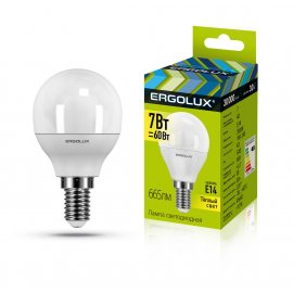 Лампа светодиодная LED ERGOLUX Шар G45 7W-E14-3K, 3000К,тепл.свет