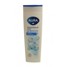 Шампунь-бальзам для волос AURA 2в1 для всех типов Ежедневный уход кератин и протеины,25% хлопкового молочка 380мл