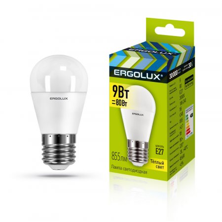 Лампа светодиодная LED ERGOLUX Шар G45 9W-E27-3K, 3000К,теплый свет