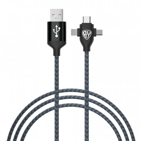 Кабель для зарядки телефонов BABA-YAGA 3в1 IP/Micro USB/Tupe -С 1м 2А,ткан.оплетка черн